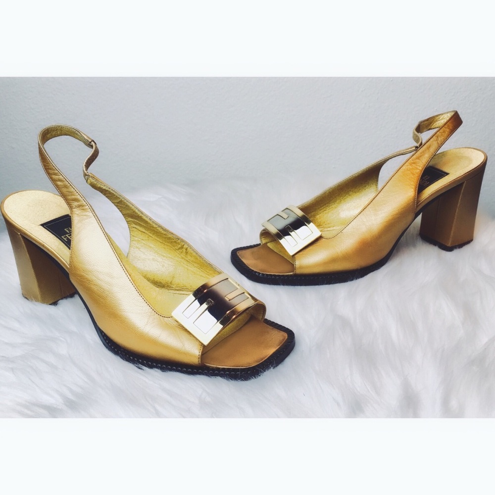 FENDI Silver Logo Bronze Leather Slingback Heels